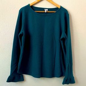 Large Teal Long Sleeve Sweater with Ruffle Detail
